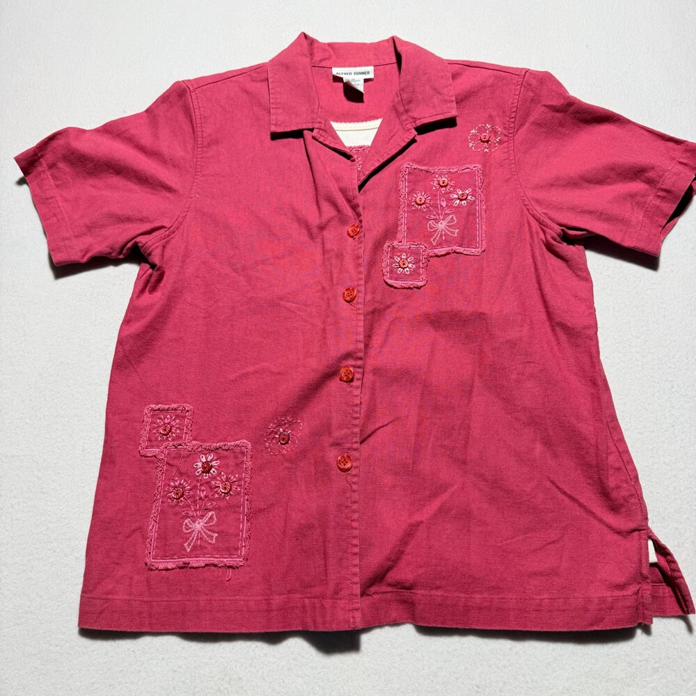 Alfred Dunner Size 10 Pink Linen Cotton Blend Embroidered Shirt